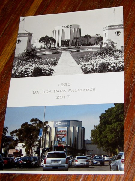Photos on a postcard created by The Committee of One Hundred shows Balboa Park's Palisades area in 1935 and 2017.