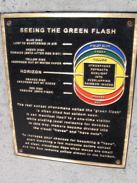 The sunset phenomenon called the green flash is often cited but seldom seen. A diagram shows how near-horizontal sunlight is refracted through the atmosphere.