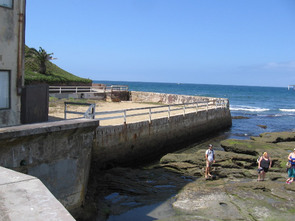 People explore tide pools between the sand-filled, long-defunct Plunge and the OB Pier.