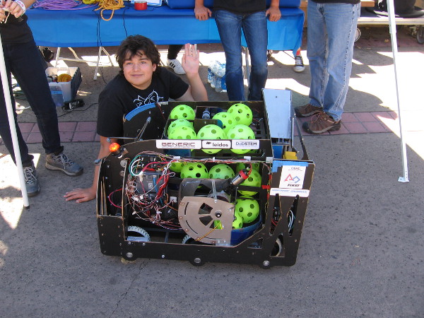 This robot named Darth Zamboni was created by the Top Hat Technicians of High Tech High North County. It launches balls!