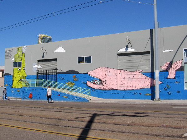 Cool artwork painted by Dolan Stearns for the PangeaSeed Sea Walls: Murals for Oceans project in 2016 depicts the harmful presence of non-biodegradable plastic trash in the oceans.