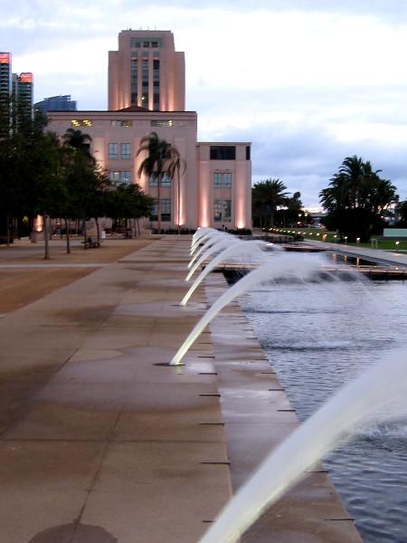 Looking south past the lighted fountains toward the County Administration Building. It soon will be dark.