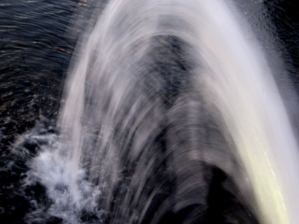 Light along a splashing fountain at the park as darkness approaches.