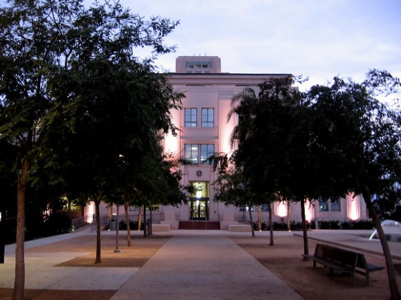 The lights are on. The north end of the handsome County Administration Building is ready for night.