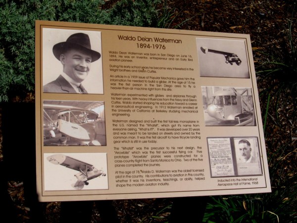 Sign summarizes the life and accomplishments of Early Bird aviation pioneer Waldo Dean Waterman, a resident of San Diego. He flew a glider at the age of 15 from this site into Maple Canyon below.