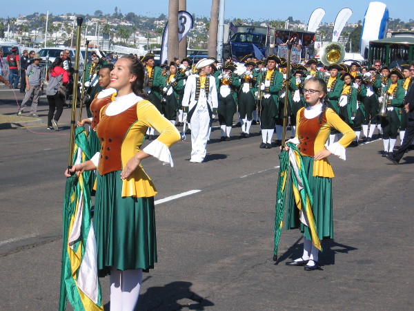 Patrick Henry High School's colorful Spirit of '76 Marching Patriots pause on the parade route.