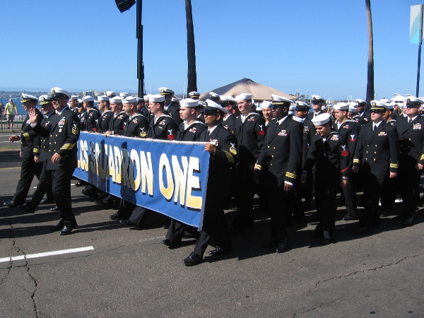 Hundreds of active duty military based in San Diego now marched past. The crowd thanked every one of them.