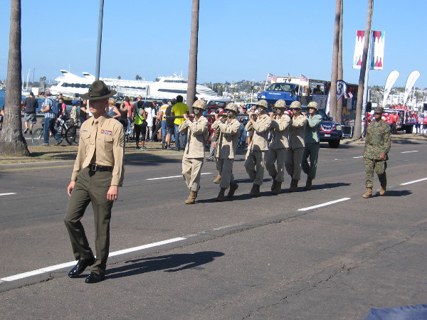 A reenactment of the raising of the flag at Iwo Jima was part of the parade.