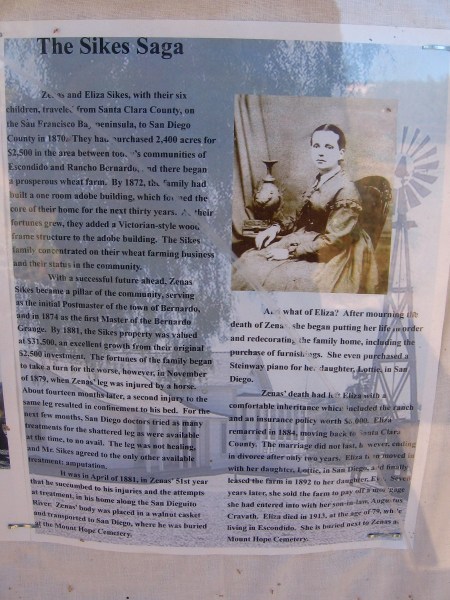 Zenas and Eliza Sikes, with six children, arrived in 1870 and began their wheat farm here between the communities of Escondido and Rancho Bernardo.