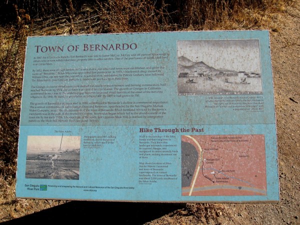 A town called Bernardo used to be located a couple miles southeast of the Sikes Adobe. The construction of the Lake Hodges Dam spelled the end for that town.