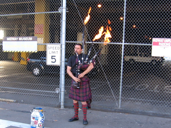 These flamethrowing bagpipes drew a lot of attention at the base of Navy Pier!