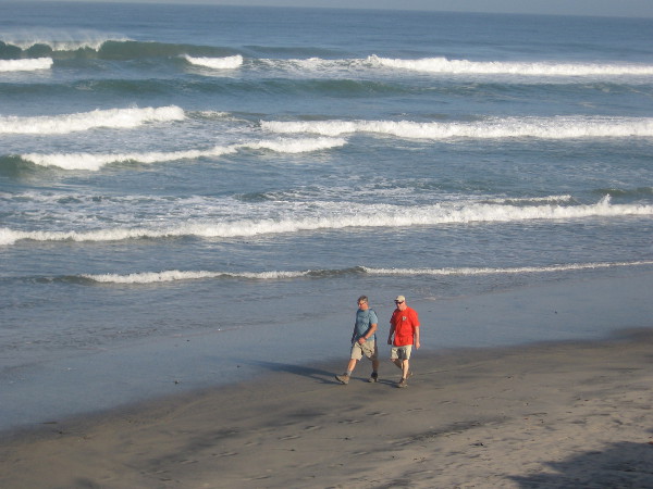 Walking slowly near the surf along Torrey Pines State Beach.
