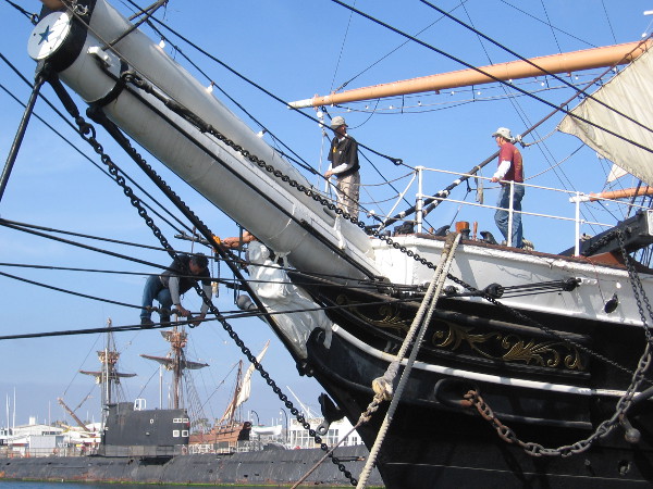 Volunteers work on the Star of India, world-famous tall ship of the Maritime Museum of San Diego.