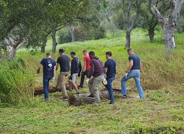 Boy Scout Maxwell Thomson and U.S. Navy sailors roll logs into place in the USS Bennington Memorial Oak Grove.