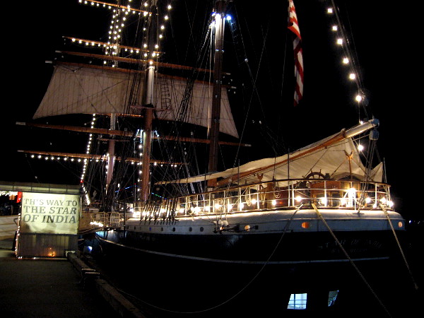 Star of India is lit brightly at night for the holidays in San Diego.