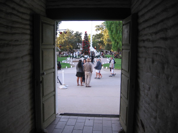 Looking out the front door of the Casa de Estudillo at Old Town San Diego's big Christmas tree.