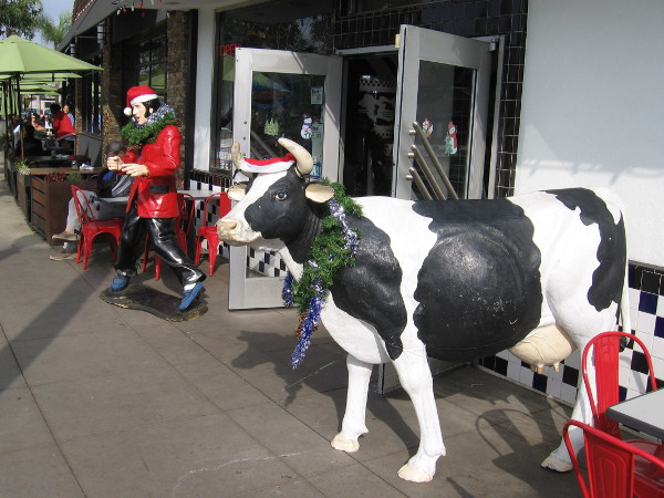 Elvis and cow in front of MooTime Creamery are decked out for Christmas.