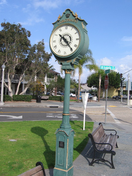 A handsome old clock and bench await passersby in Coronado Rotary Park.