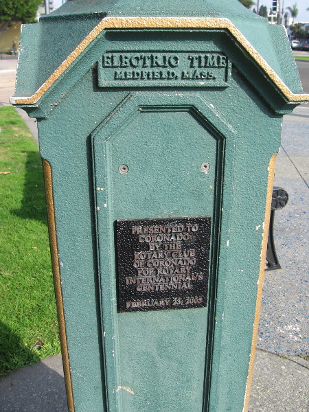 Plaque on the clock reads Presented to Coronado by the Rotary Club of Coronado for Rotary International's Centennial, February 23, 2005.