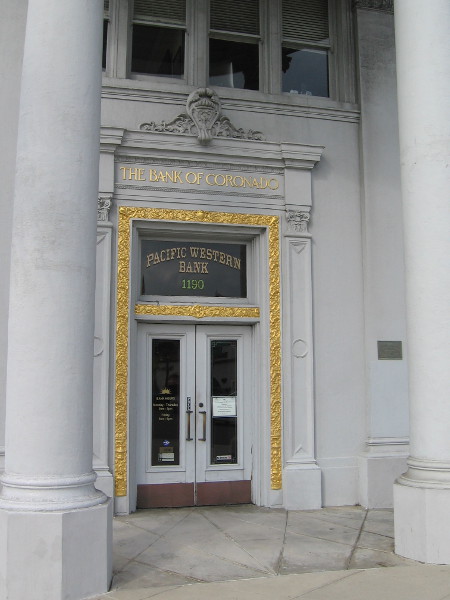 Fancy gold ornamentation around front entrance of the Bank of Coronado, an historical landmark.