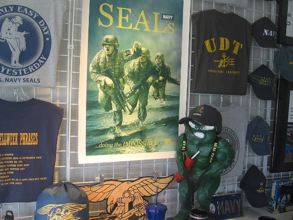 SEAL gifts and memorabilia for sale in the window of Bullshirt. Nearby Naval Amphibious Base Coronado is home to several SEAL teams.