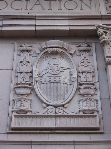 Part of the ornate front entrance to the landmark Army-Navy YMCA building in San Diego.