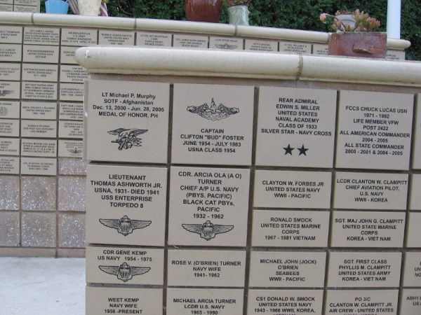 Tiles on the outdoor Memorial Wall remember those who have served in the United States Armed Forces.