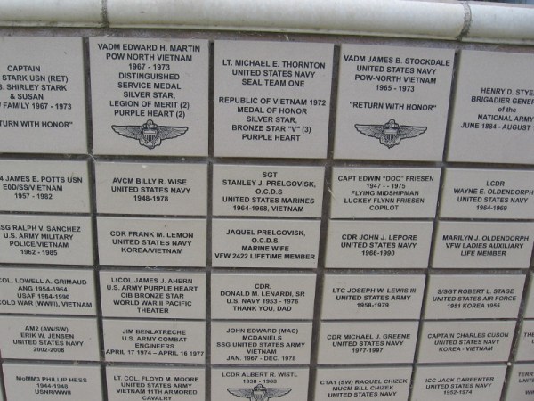 Names on the Memorial Wall include United States Navy Vice Admiral James B. Stockdale.