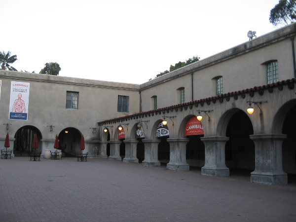Photo toward the southeast corner of the California Quadrangle shows Mission Revival style arches.