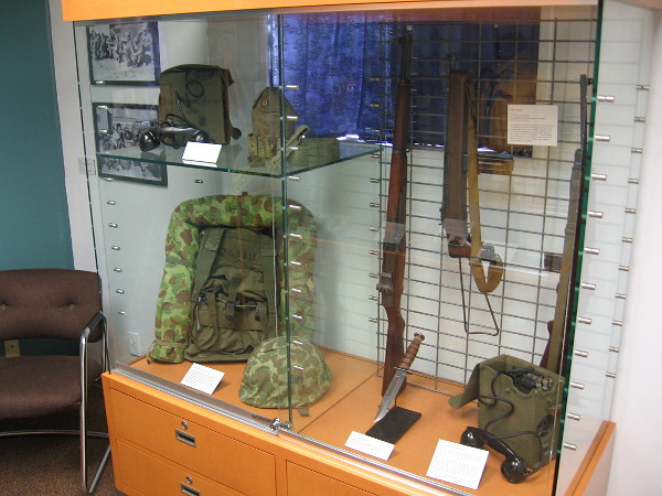 Display case in the special Flying Leatherneck Aviation Museum exhibit includes military field equipment used by the Navajo Code Talkers during World War II.
