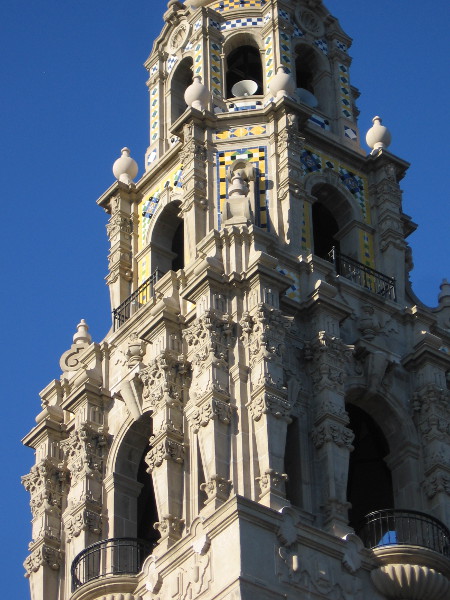 The ornate upper levels of the California Bell Tower.