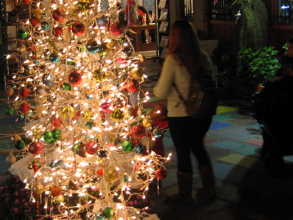 One of many beautiful Christmas trees on the Spanish Village Art Center outdoor patio.