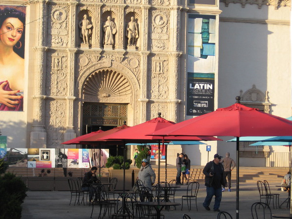 People enjoy relaxing in the Plaza de Panama, in front of the San Diego Museum of Art.