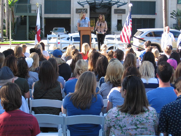 Rachel Thompson of the Junior League San Diego introduces District Attorney Summer Stephan during the Fifth Annual Human Trafficking Awareness Rally.