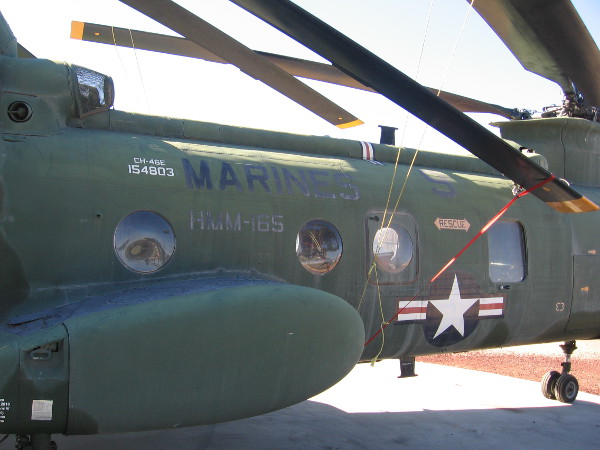 The fuselage of Sea Knight troop transport helicopter, call sign Lady Ace 09.