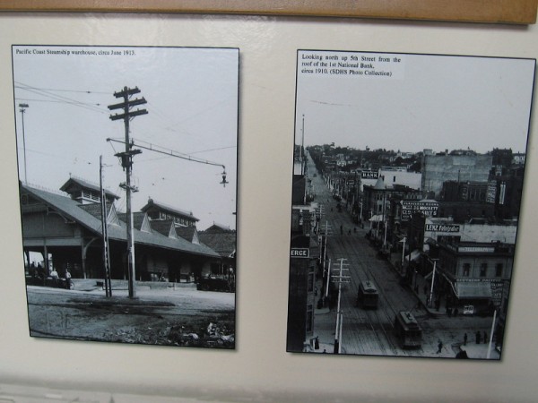 Two historical photos. To the left, Pacific Coast Steamship warehouse, circa 1913. To the right, looking north up 5th Street circa 1910.