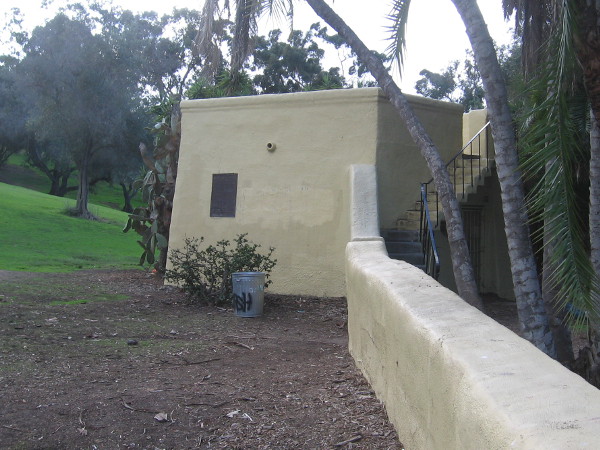 A plaque can be seen on the observation structure near one corner of the Serra Museum parking lot.