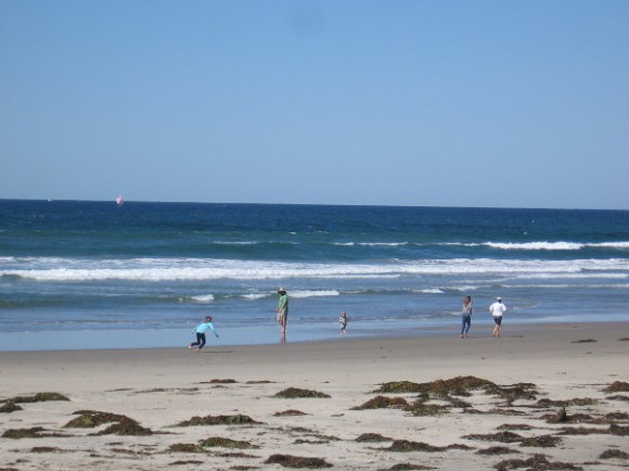 Families walk and play on the shore. The surf is gentle today.