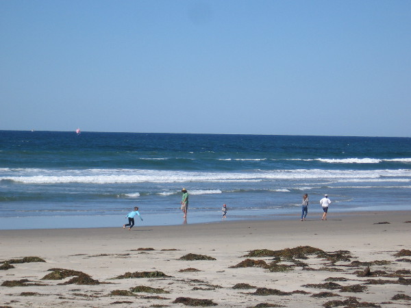 Families walk and play on the shore. The surf is gentle today.