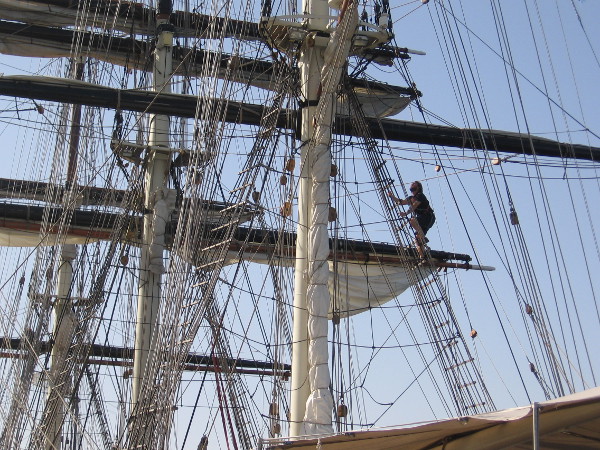 The complex masts, yards and rigging of a fantastic tall ship.
