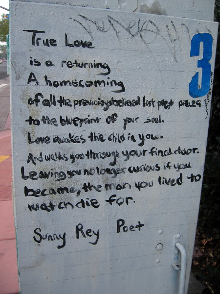 A bit of wisdom by poet Sunny Rey painted on a utility box in City Heights. True Love is a returning...A homecoming...Love awakes the child in you...