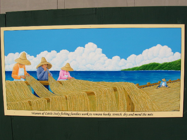 Women of Little Italy fishing families work to remove hooks, stretch dry and mend the nets.