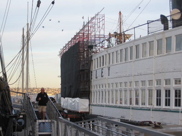 Scaffolding along a section of the steam ferryboat Berkeley's south-facing side. Restoration has begun.