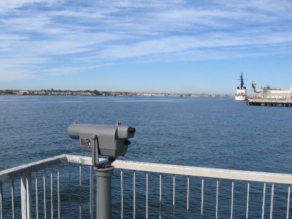 There are expansive views from Cesar Chavez Park pier. Across the bay lies Coronado Island.