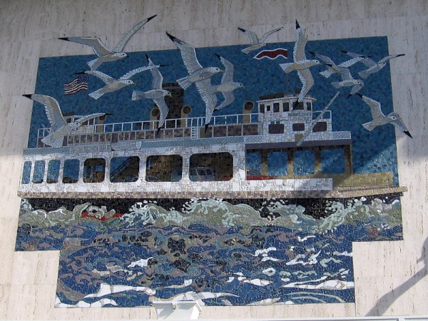 Mosaic on Walgreens building in Coronado depicts an old ferry crossing San Diego Bay.