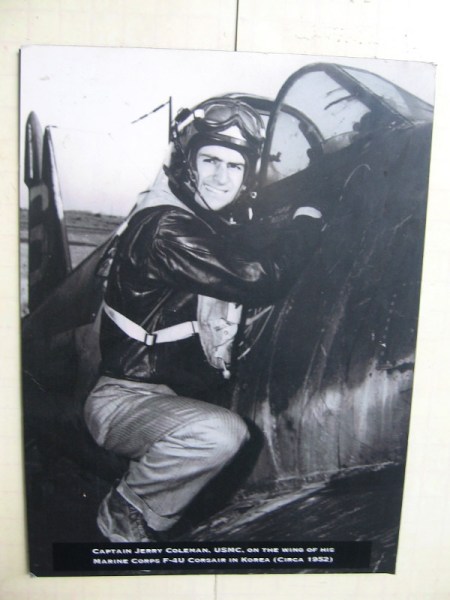 Captain Jerry Coleman, USMC, on the wing of his Marine Corps F-4U Corsair in Korea, circa 1952.