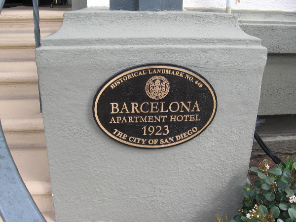 City of San Diego historical landmark plaque near entrance to The Barcelona.