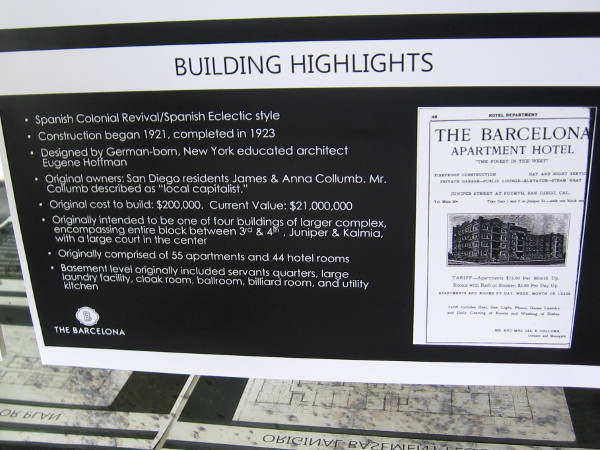 The Barcelona was built in the Spanish Colonial/Spanish Eclectic style. It was designed by architect Eugene Hoffman.