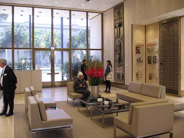 Inside the central lobby of the museum. The seats are Italian made. Another large window allows light in from Balboa Park's beautiful Lily Pond.