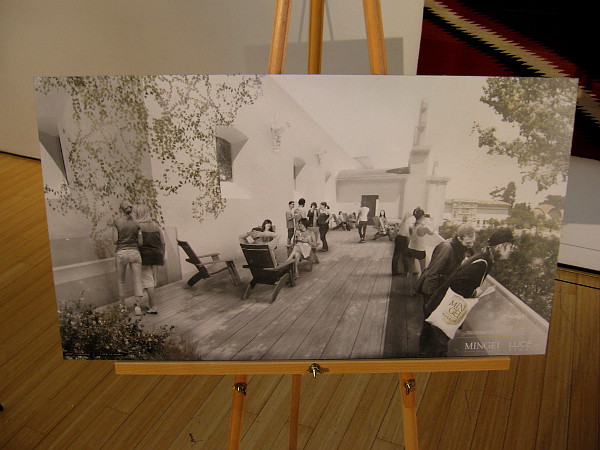 Rendering of daytime activity on a new second floor balcony overlooking the Plaza de Panama.